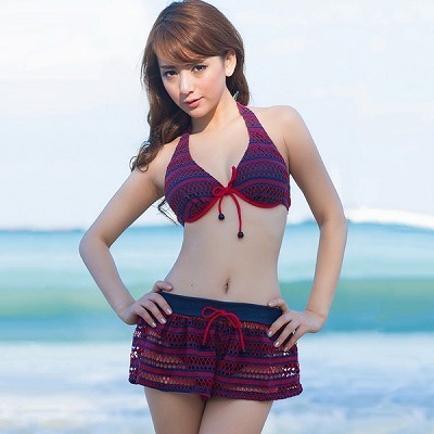 デニムコラボメッシュレースビキニ ショートパンツ3点セット レッド(コスチューム)