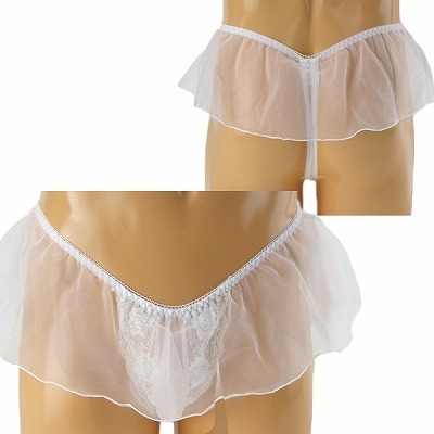 メンズ シースルースカート付きレース刺繍Tバック (ホワイト)(ランジェリー)